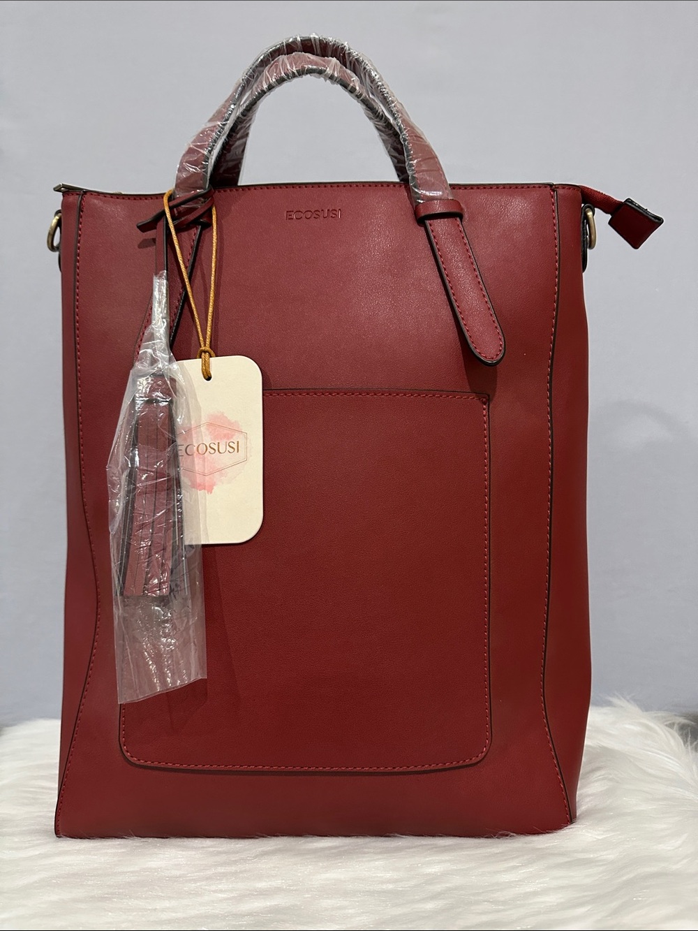 Ecosusi Tote Bag Convertible Backpack Vegan Leather Burgundy Handbag NWT’S